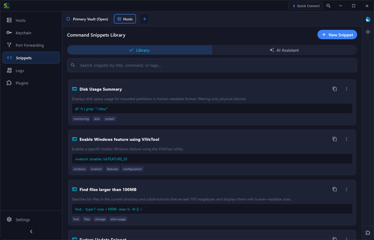 Snippets library with tags and quick execution in Shellit